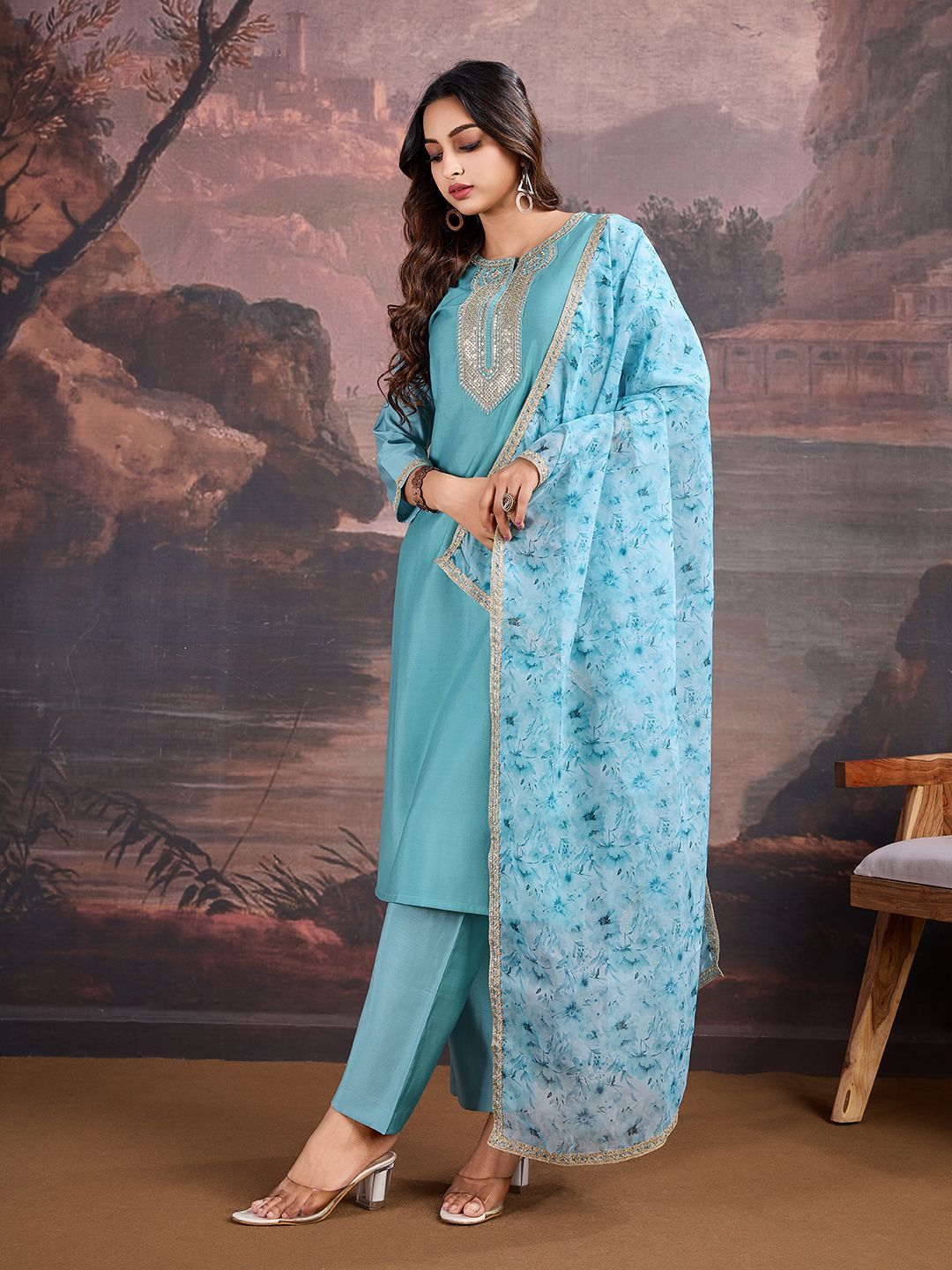 Dhiyona PD Women Ethnic Motifs Yoke Design Sequinned Straight Kurta & Trouser With Dupatta