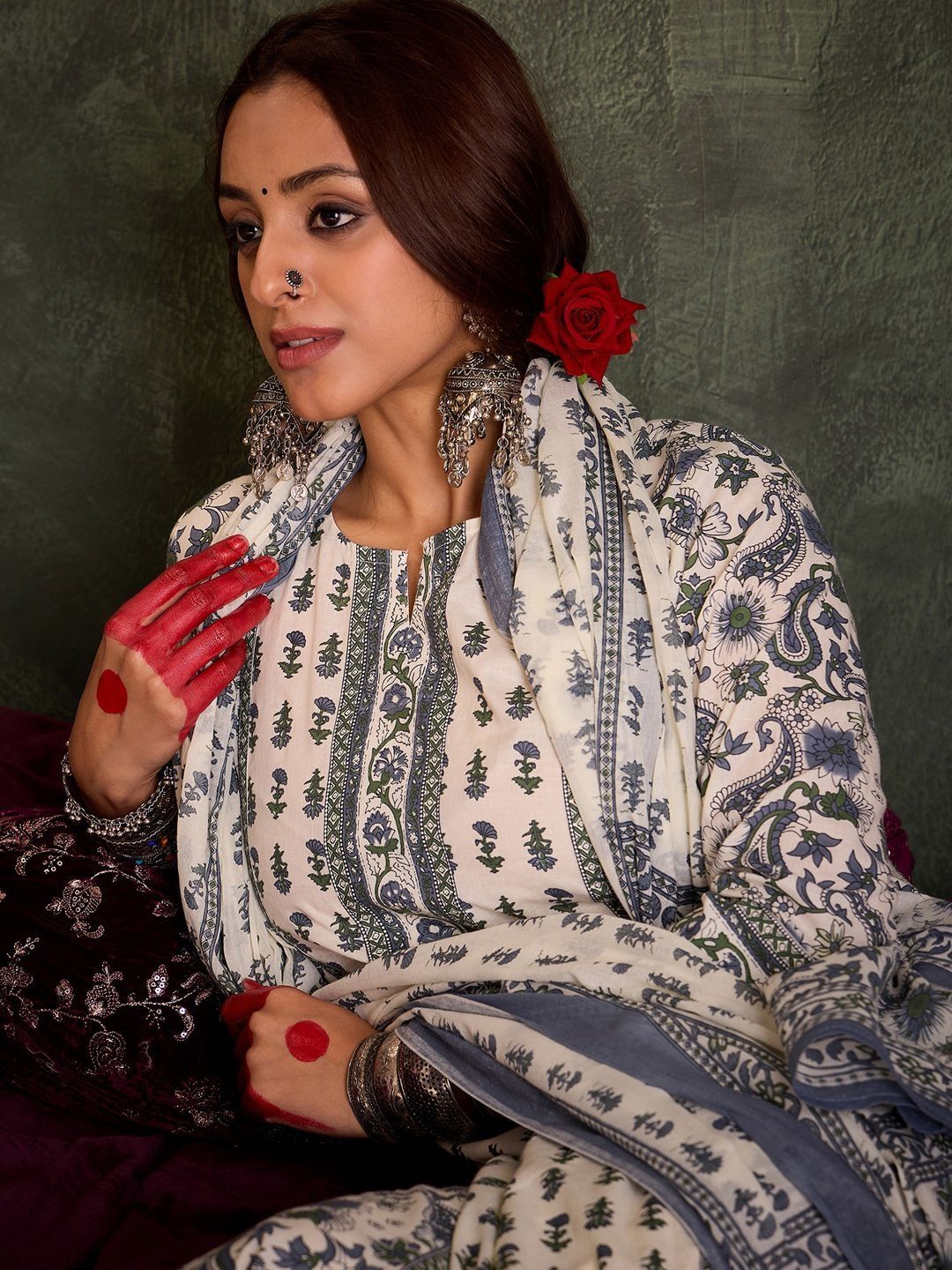 Women Ethnic Motifs Printed Regular Pure Cotton Kurta with Trousers & With Dupatta