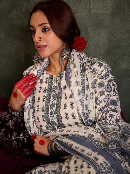 Women Ethnic Motifs Printed Regular Pure Cotton Kurta with Trousers & With Dupatta