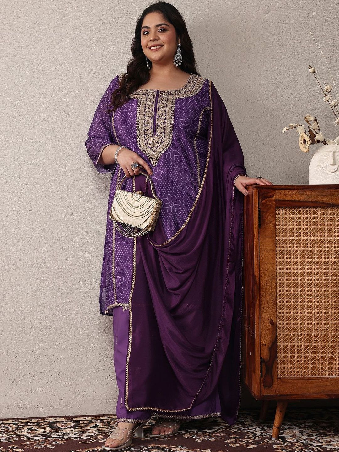 Dhiyona Women's Plus Size Ethnic Motifs Printed Kurta with Palazzos & With Dupatta