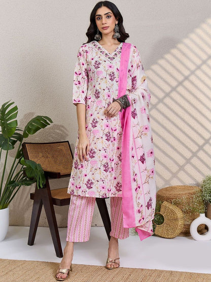 Women Floral Printed Thread Work Pure Cotton Kurta with Trousers & Dupatta
