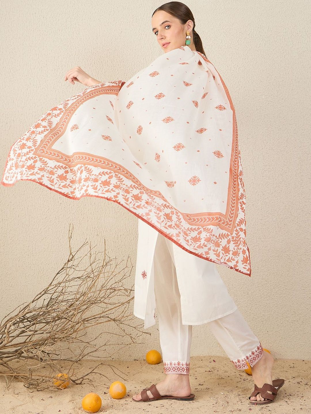 Women Floral Embroidered Cotton Kurta with Trousers & Dupatta