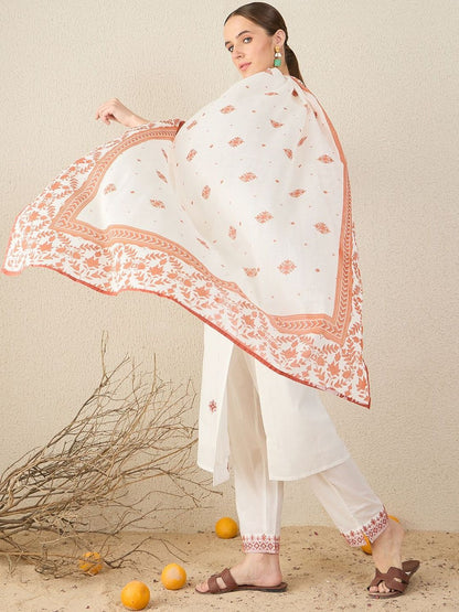 Women Floral Embroidered Cotton Kurta with Trousers & Dupatta