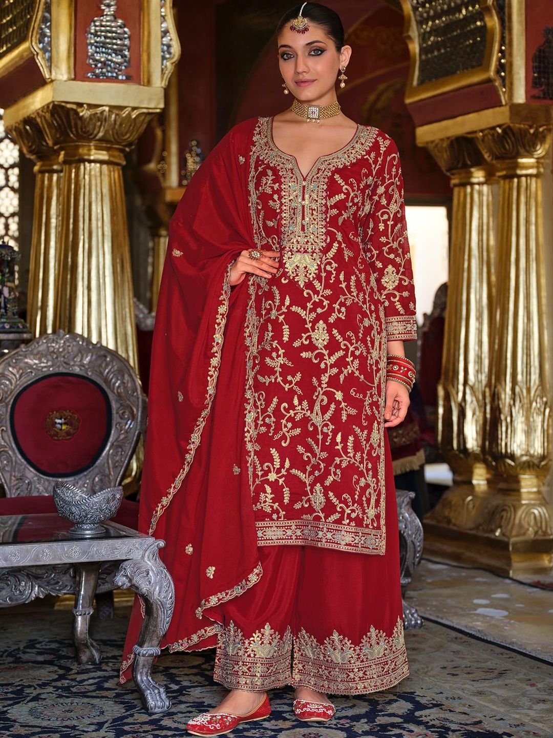 Dhiyona IE Women Ethnic Motifs Embroidered Kurta with Palazzos & Dupatta