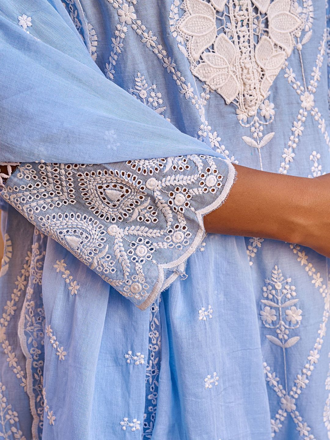 Women Floral Embroidered Pure Cotton Kurta with Trousers & Dupatta