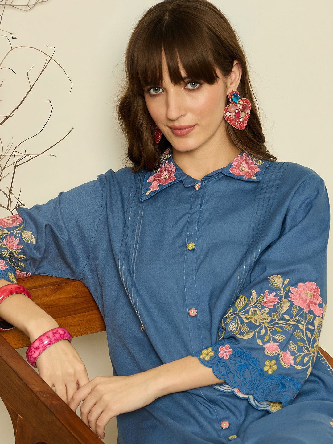 Dhiyona IE Women Embroidered Shirt Collar Top and Trousers Co-Ords