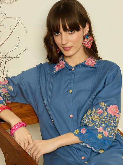 Dhiyona IE Women Embroidered Shirt Collar Top and Trousers Co-Ords