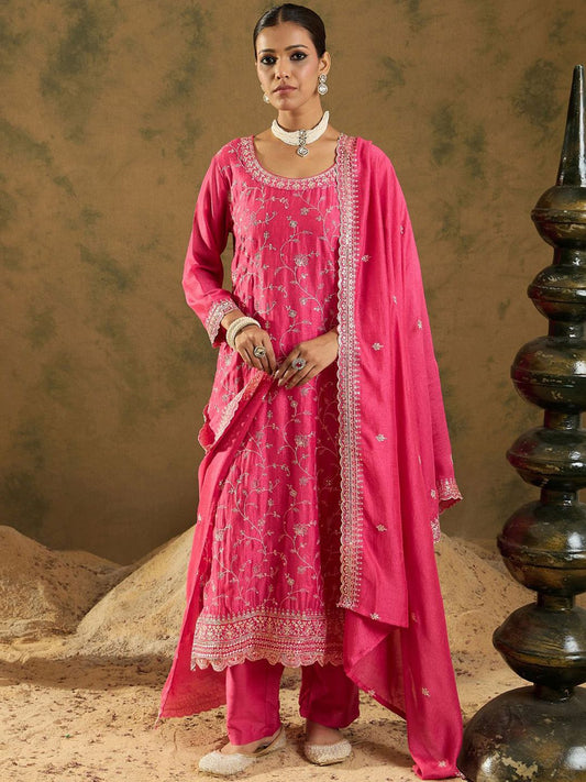 Dhiyona IE Ethnic Motifs Embroidered Thread Work Kurta with Trousers & Dupatta