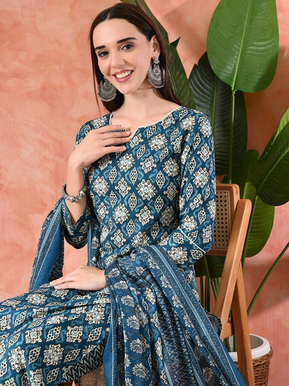 Dhiyona SN Women's Printed A-Line Kurta With Trousers & Dupatta