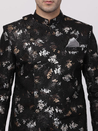 Men's Black Polyester Lurex Blend Asymmetric Sherwani Set