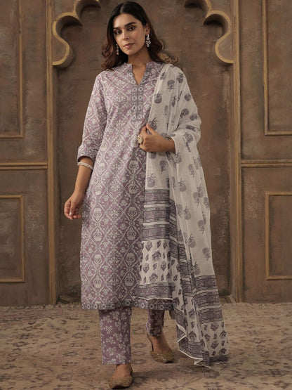 Floral Printed Pure Cotton Mandarin Collar Straight Kurta With Trousers & Dupatta