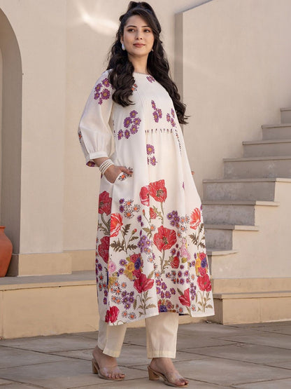 Women Floral Printed Pleated Pure Cotton Kurta with Trousers