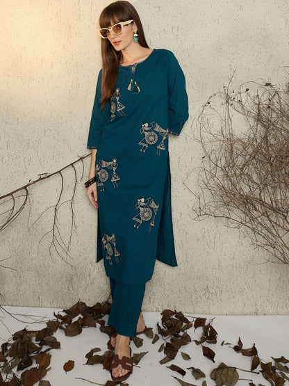Dhiyona IE Women Embroidered Round Neck Cotton Top and Trousers Co-Ords