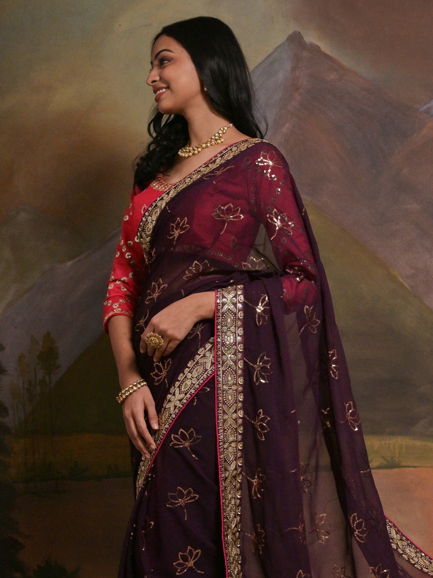 Women's Georgette Burgundy Embellished Designer Saree With Blouse Piece