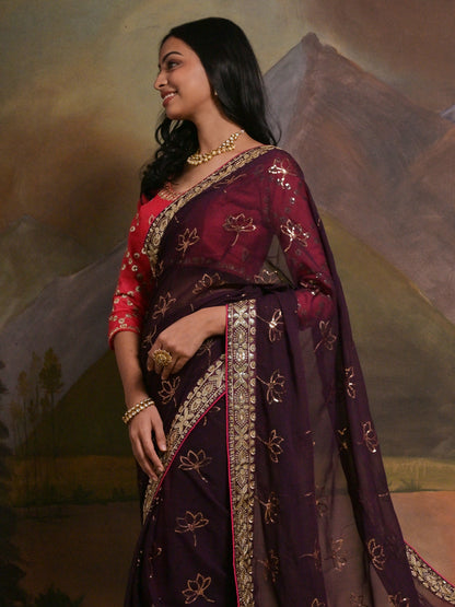 Women's Georgette Burgundy Embellished Designer Saree With Blouse Piece