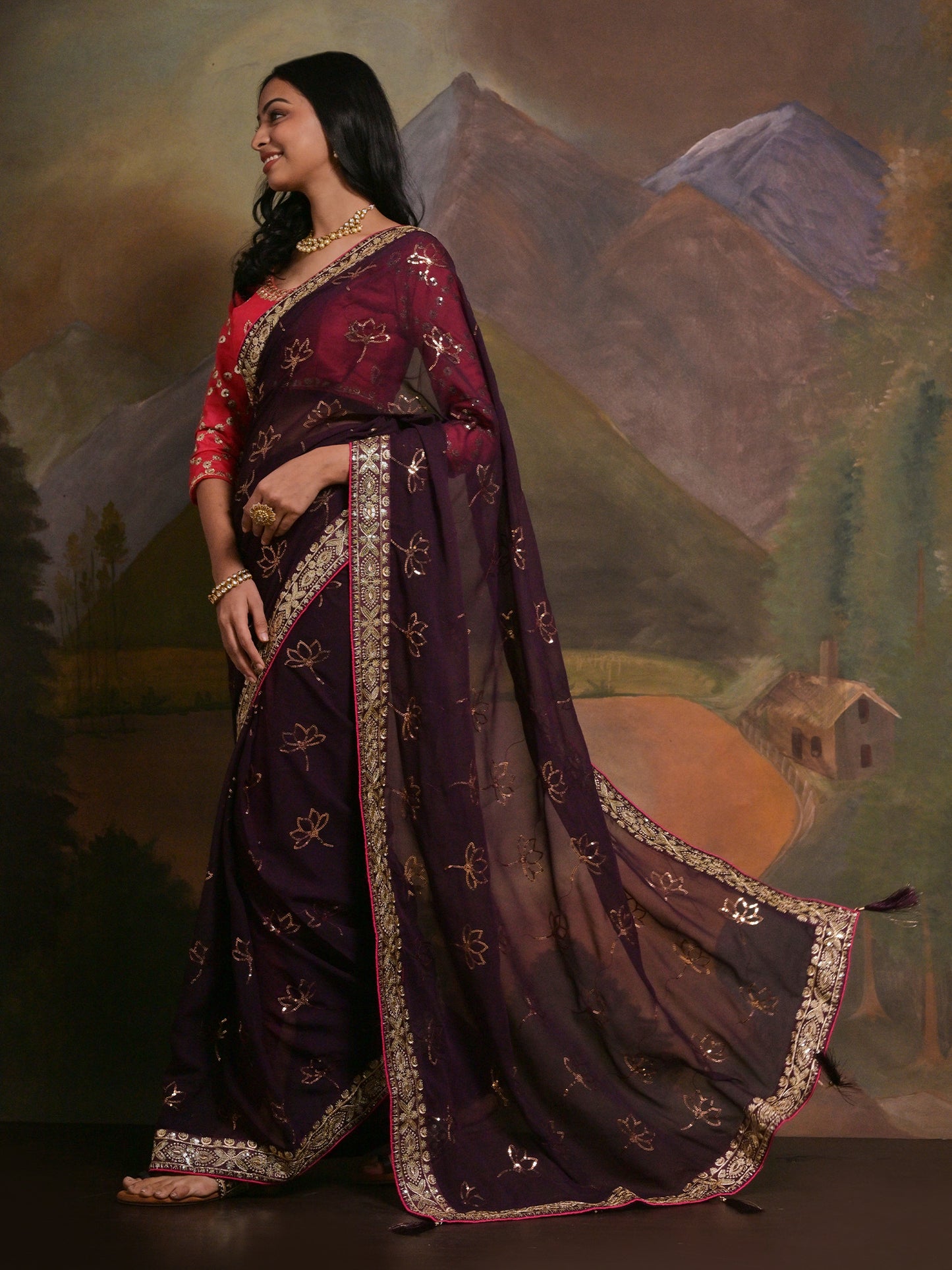 Women's Georgette Burgundy Embellished Designer Saree With Blouse Piece