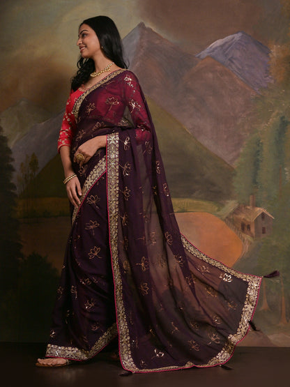 Women's Georgette Burgundy Embellished Designer Saree With Blouse Piece