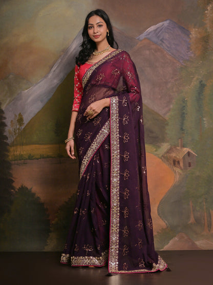 Women's Georgette Burgundy Embellished Designer Saree With Blouse Piece