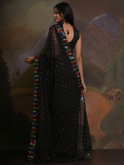Women's Georgette Black Embellished Designer Saree With Blouse Piece