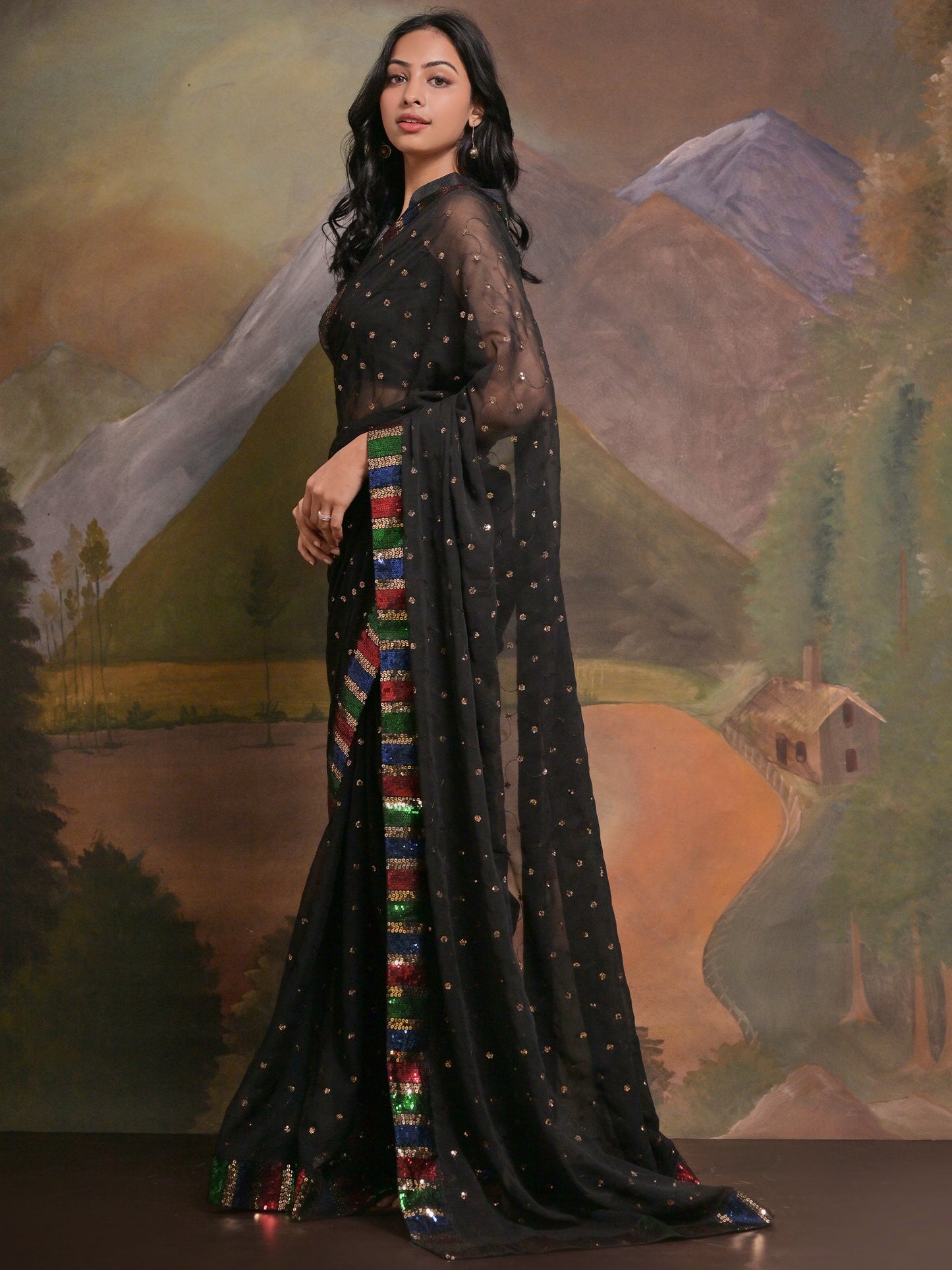 Women's Georgette Black Embellished Designer Saree With Blouse Piece