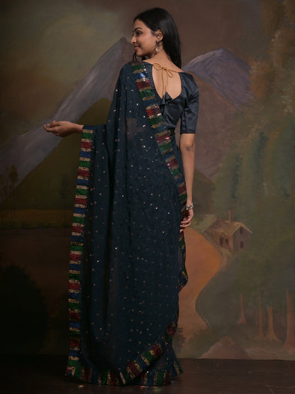 Women's Georgette Teal blue Embellished Designer Saree With Blouse Piece