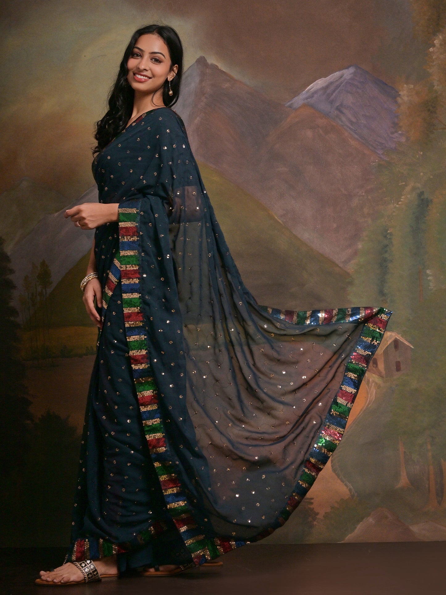 Women's Georgette Teal blue Embellished Designer Saree With Blouse Piece