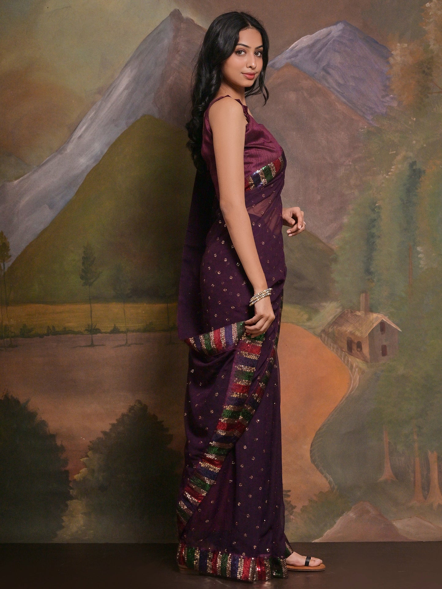 Women's Georgette Purple Embellished Designer Saree With Blouse Piece