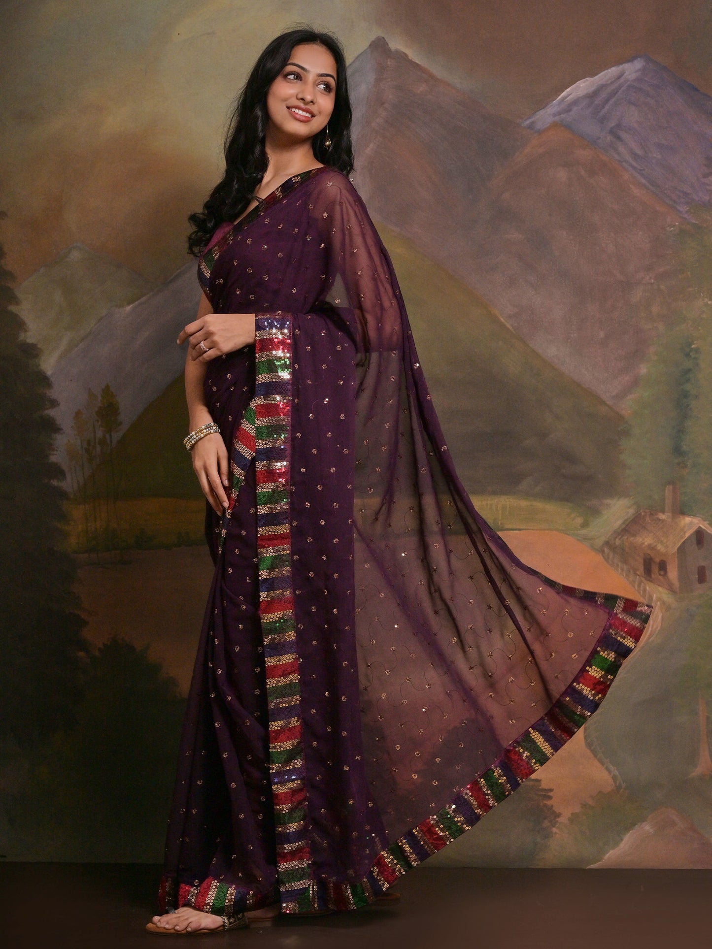Women's Georgette Purple Embellished Designer Saree With Blouse Piece