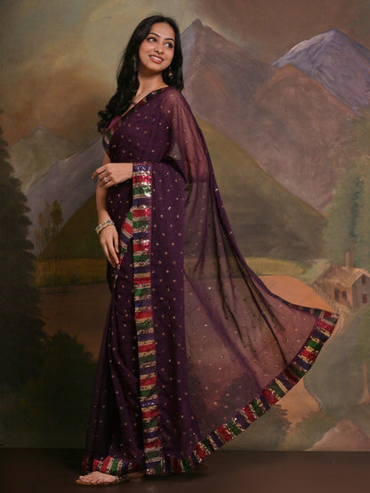 Women's Georgette Purple Embellished Designer Saree With Blouse Piece