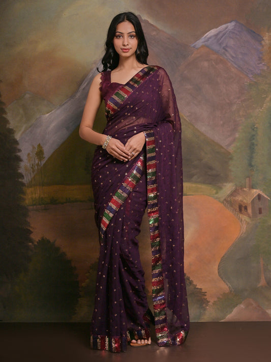 Women's Georgette Purple Embellished Designer Saree With Blouse Piece