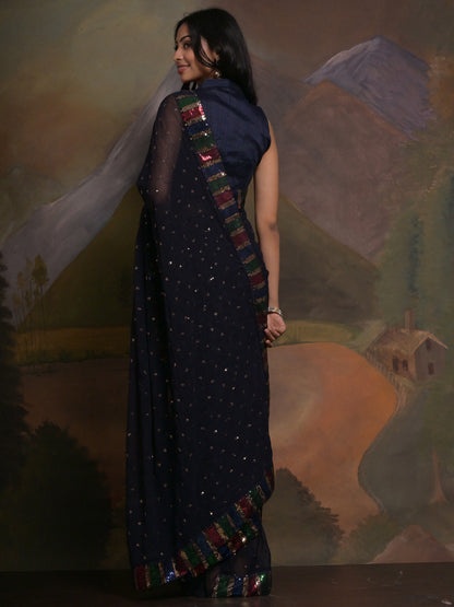 Women's Georgette Navy Blue Embellished Designer Saree With Blouse Piece