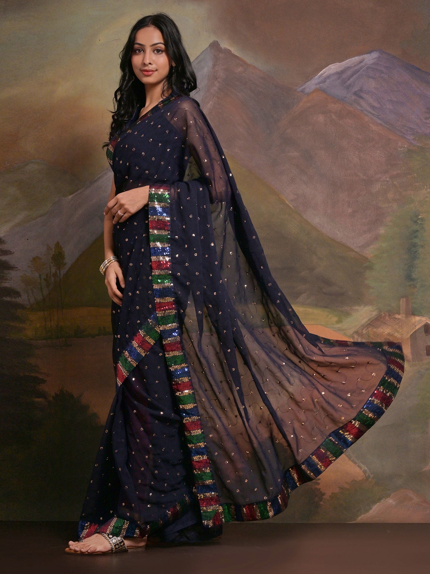 Women's Georgette Navy Blue Embellished Designer Saree With Blouse Piece