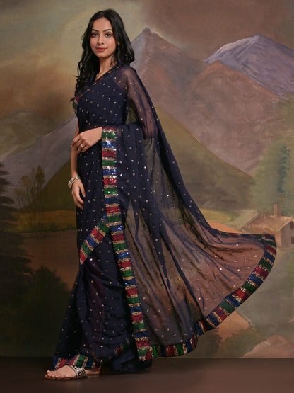 Women's Georgette Navy Blue Embellished Designer Saree With Blouse Piece