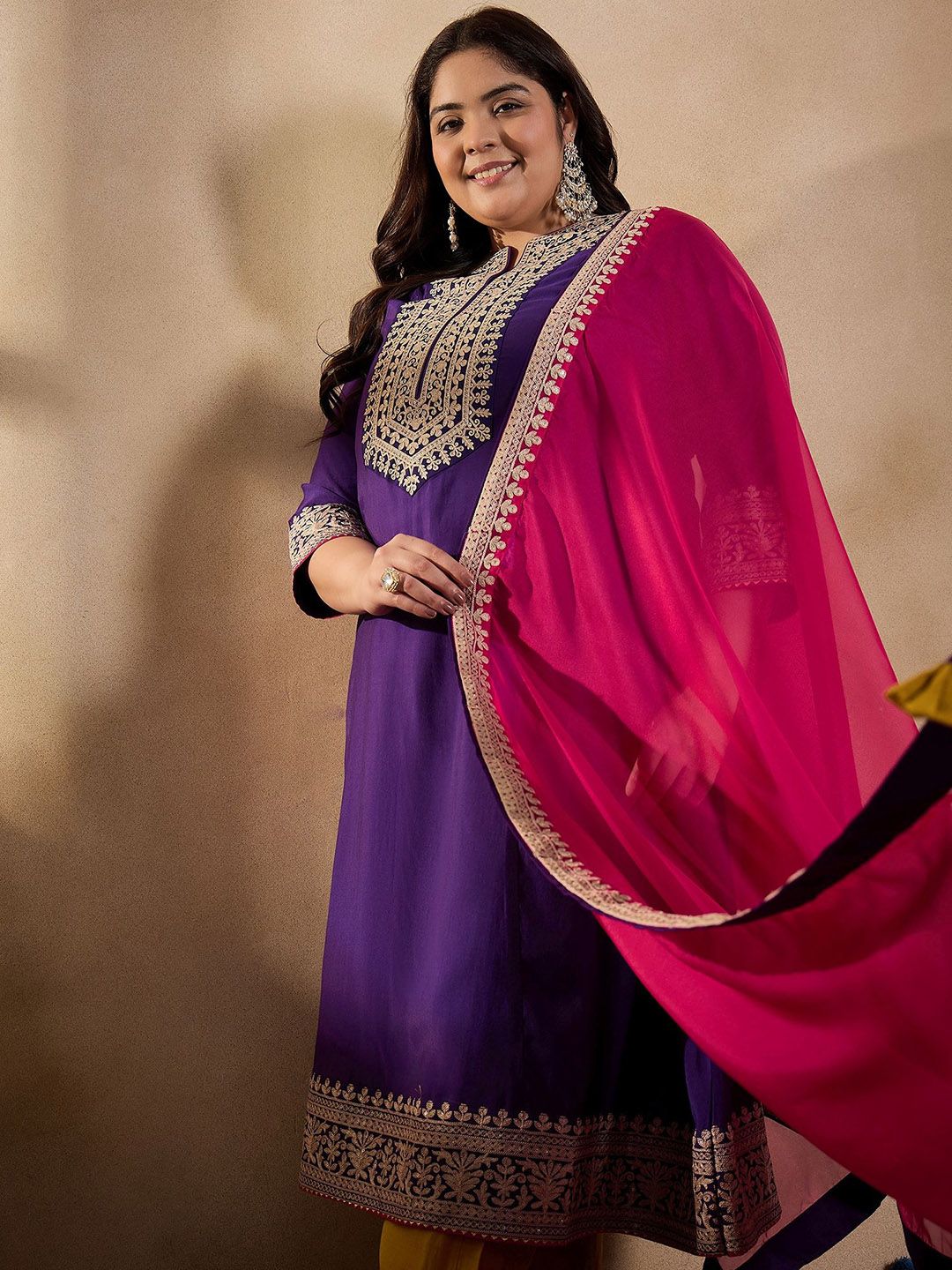 Dhiyona IN Women Floral Yoke Design Regular Thread Work Kurta with Trousers & With Dupatta