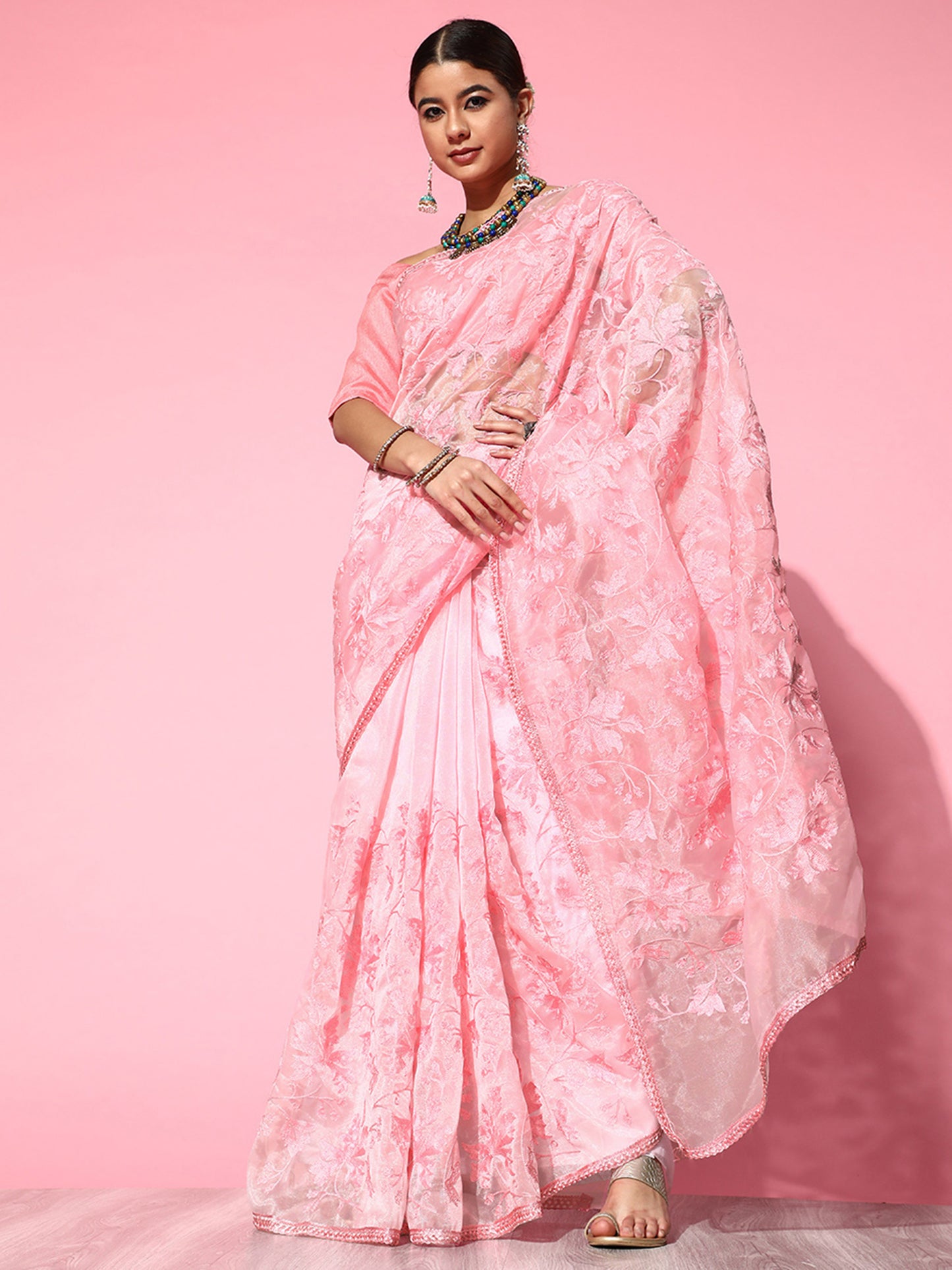 Women's Organza Pink Embroidered Designer Saree With Blouse Piece