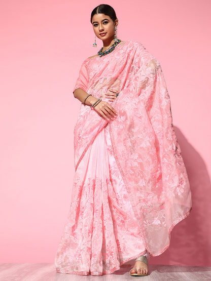 Women's Organza Pink Embroidered Designer Saree With Blouse Piece