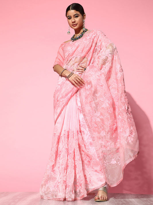Women's Organza Pink Embroidered Designer Saree With Blouse Piece