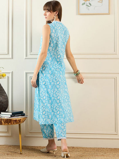 Dhiyona IE Floral Printed V-Neck Pure Cotton Tunic & Trouser