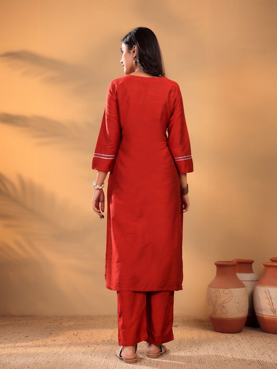Dhiyona VA Women'sMaroon Floral Yoke Design Thread Work Straight Kurta With Trousers & Dupatta