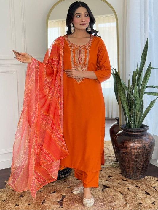 Dhiyona KL Women Ethnic Motifs Embroidered Regular Thread Work Kurta with Trousers & With Dupatta