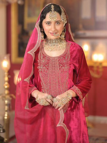 Women's Pink Embroidered Straight Kurta Trousers With Dupatta Set