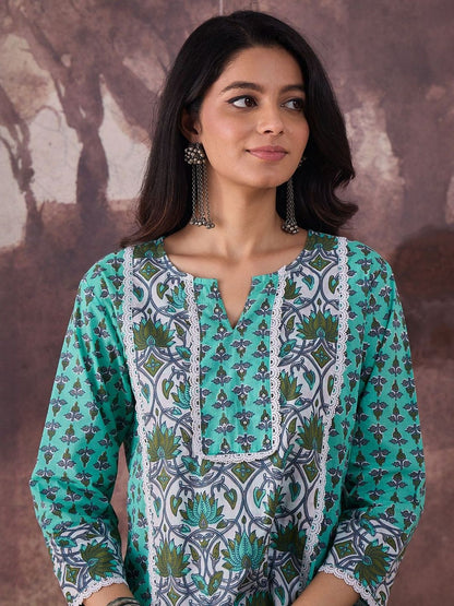 Dhiyona IE Printed Notch Neck Pure Cotton Tunic With Trousers