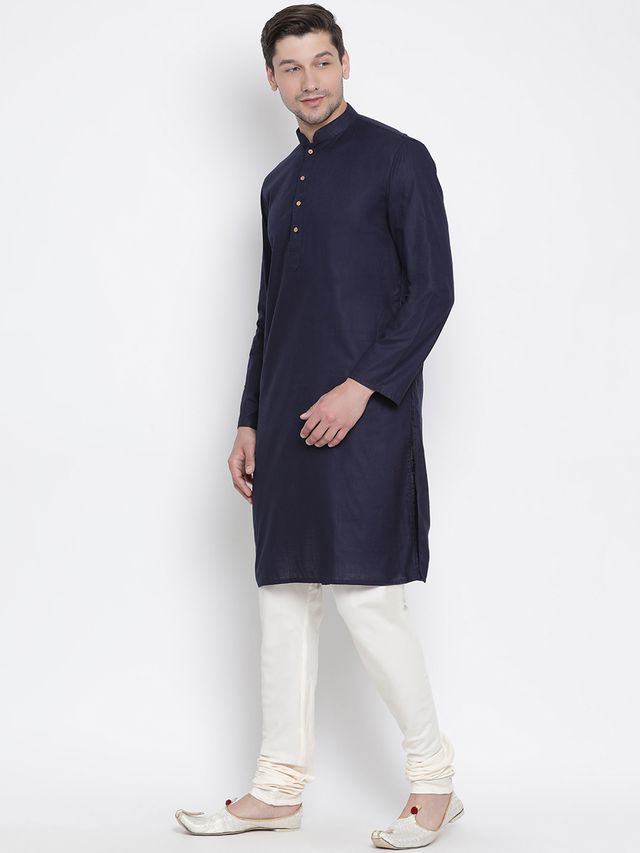 Men's Navy Blue Cotton Linen Straight Kurta Pyjama Set