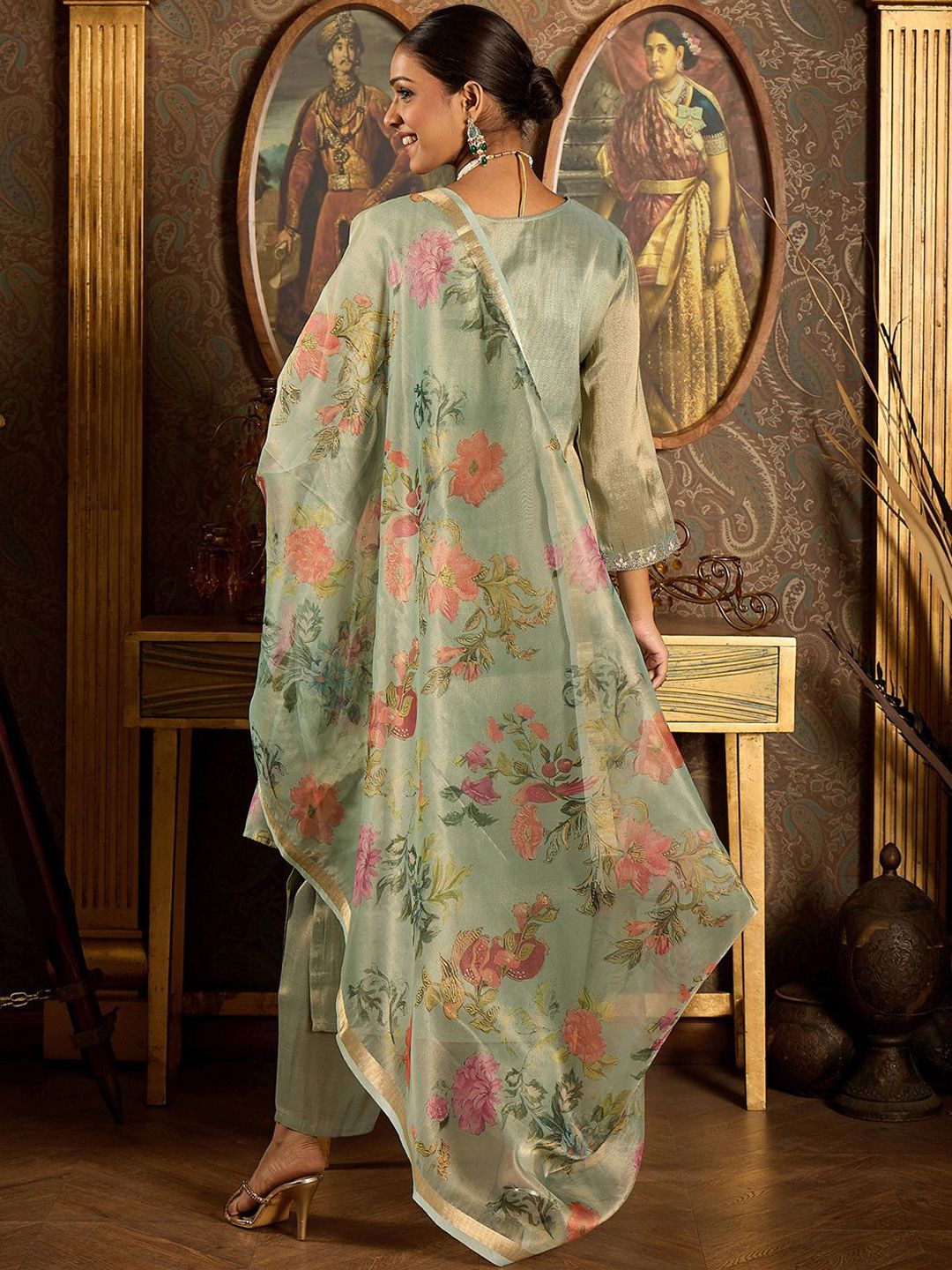 Dhiyona IE Ethnic Motifs Embroidered Zari Liva Kurta With Trousers & Dupatta