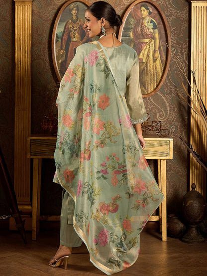 Dhiyona IE Ethnic Motifs Embroidered Zari Liva Kurta With Trousers & Dupatta