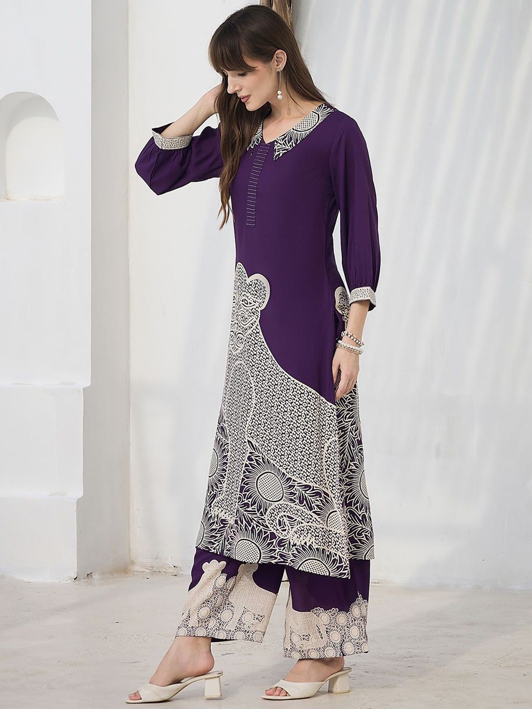Geometric Printed V-Neck A-Line Kurta & Palazzos
