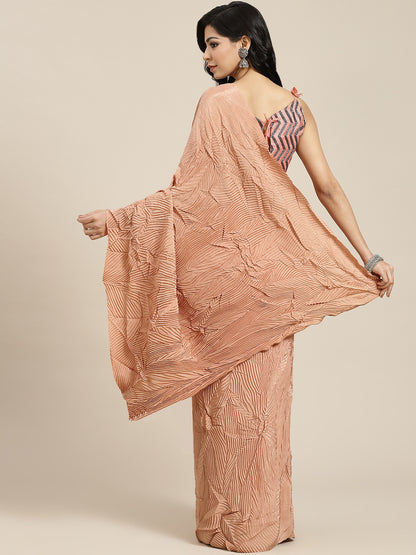 Women's Pure Crepe Peach Solid Belted Sarees With Blouse Piece