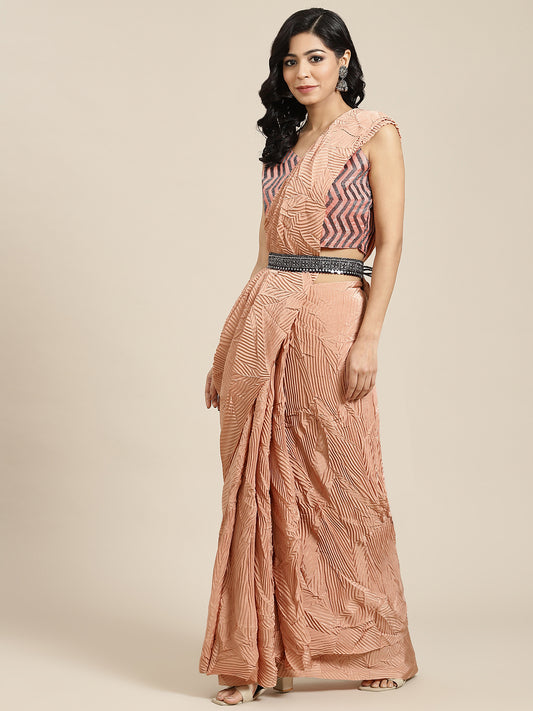 Women's Pure Crepe Peach Solid Belted Sarees With Blouse Piece