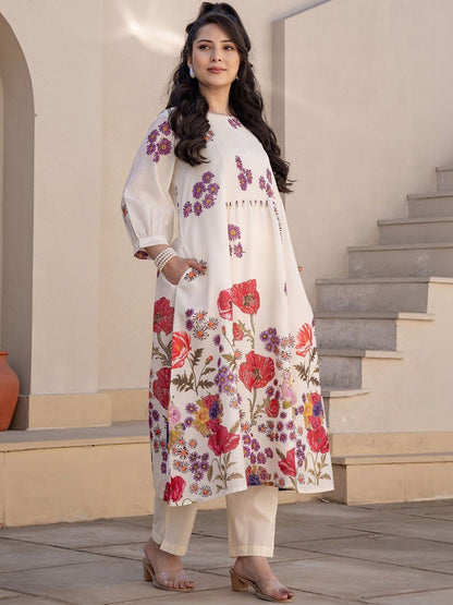 Women Floral Printed Pleated Pure Cotton Kurta with Trousers