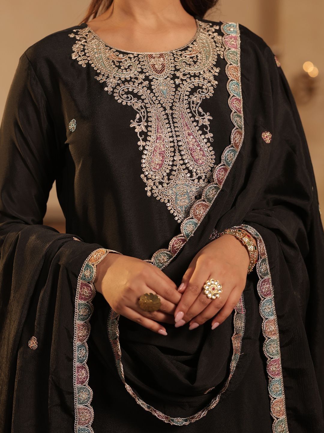 Dhiyona IE Ethnic Motifs Embroidered Thread Work Kurta With Sharara & Dupatta